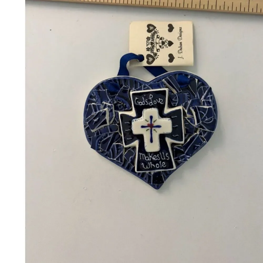 J. Duban Designs mosaic cross heart folk art ceramic hanging tile
